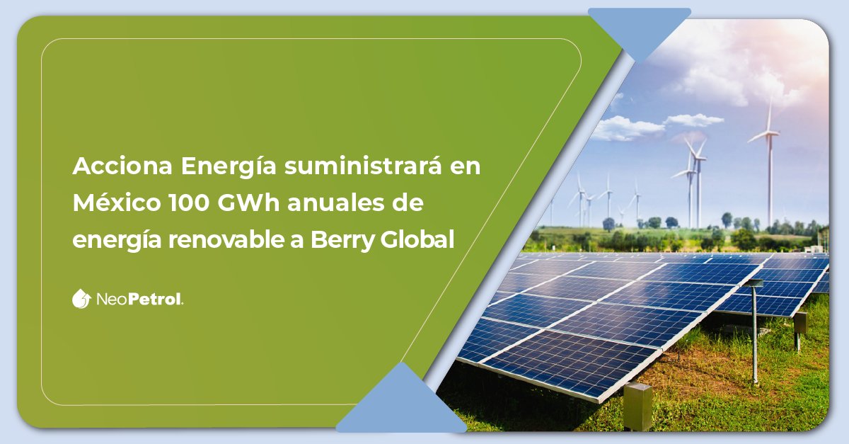 NeoPetrol's tweet photo. ¡Un gigante del sector comprometido con la sostenibilidad y el futuro verde!🌎🌱
Acciona Energía impulsa un cambio sin precedentes en el país al suministrar 100 GW anuales de energía renovable a Berry Global.💨🌿

F. @Per_Energia 
Leer más: https://t.co/i7ITvVZbto https://t.co/1HhT7DfX1I