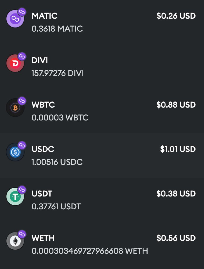 WooNomad's tweet photo. Gasless Defi on #Polygon with #dividefi
I love that you can buy tiny amounts of $WETH $WBTC $USDT $USDC, this will be a very useful tool for the @DiviProject @DiviDoge @LightningWorks7 

More features still to activate🥳. . . 
🏅1st try. . . #LetsGOgasless
https://t.co/BaHsXITq64 https://t.co/OrVMialUGP