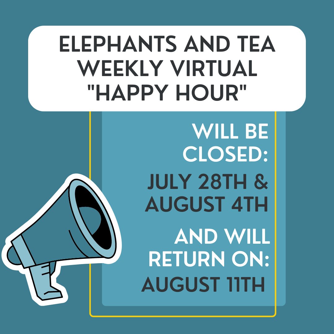 ElephantsTea's tweet photo. As part of our July break from programs, we will be taking a program break from Happy Hour on Friday, July 28th and Friday, August 4th.
Happy Hour will return on Friday, August 11th!
#happyhour #summerbreak #seeyousoon #ayacancer #yacancer #ayacancersupport #yacancersupport https://t.co/8evwZV6uS1