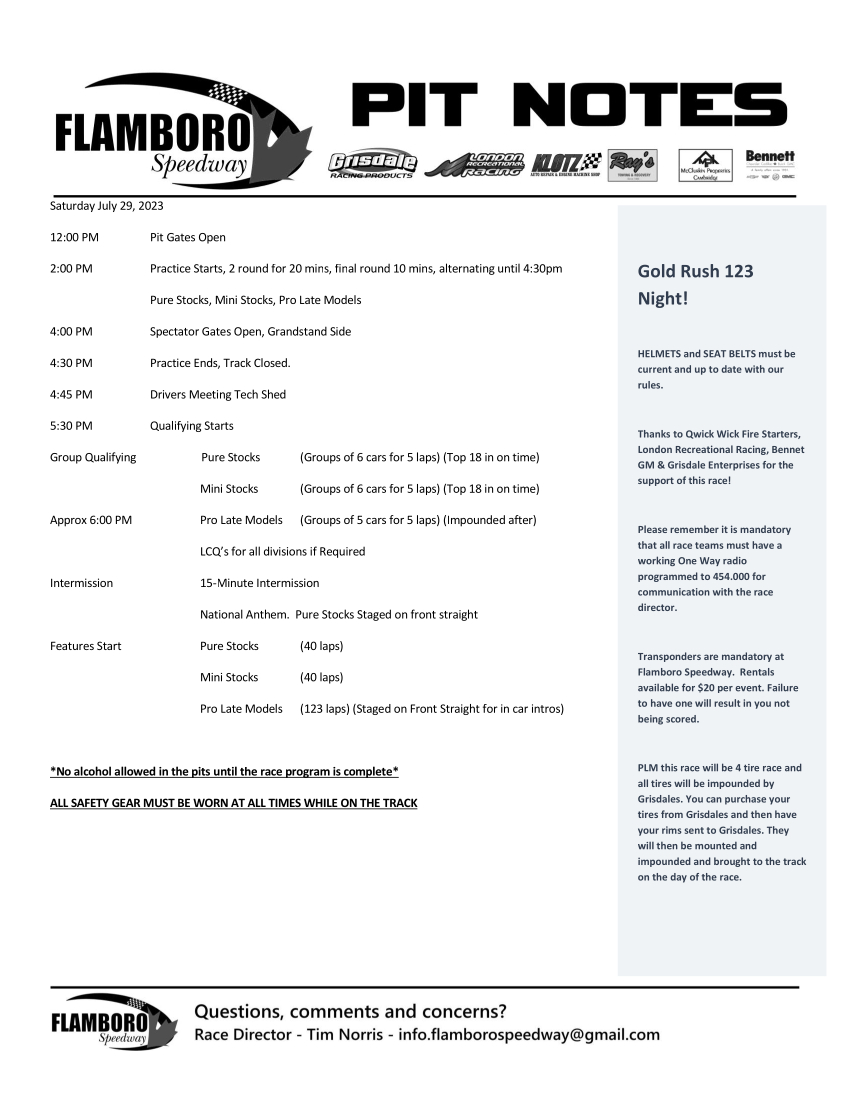 FlamboroSpdwy's tweet image. Pit Notes are here for our Gold Rush 123!

Front gates open at 4pm! Qualifying starts at 5:30pm for Pure Stocks!

Come out and witness one of the largest paying purses for Pro Late Models this season in Ontario! 

Listen along on the tracktune app or on Race Time Radio!