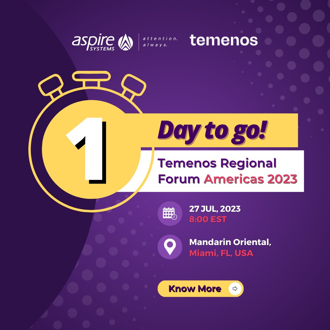 AspireBFSI's tweet photo. Countdown to banking bliss! We're just 1 day away from an epic event filled with innovation and inspiration. Get ready to seize the future of finance, meet us at the #TemenosRegionalForum Americas 2023! https://t.co/biDNGg5Xrx
#Temenos #temenossolution #temenospartners https://t.co/ZWGoF8rpxM