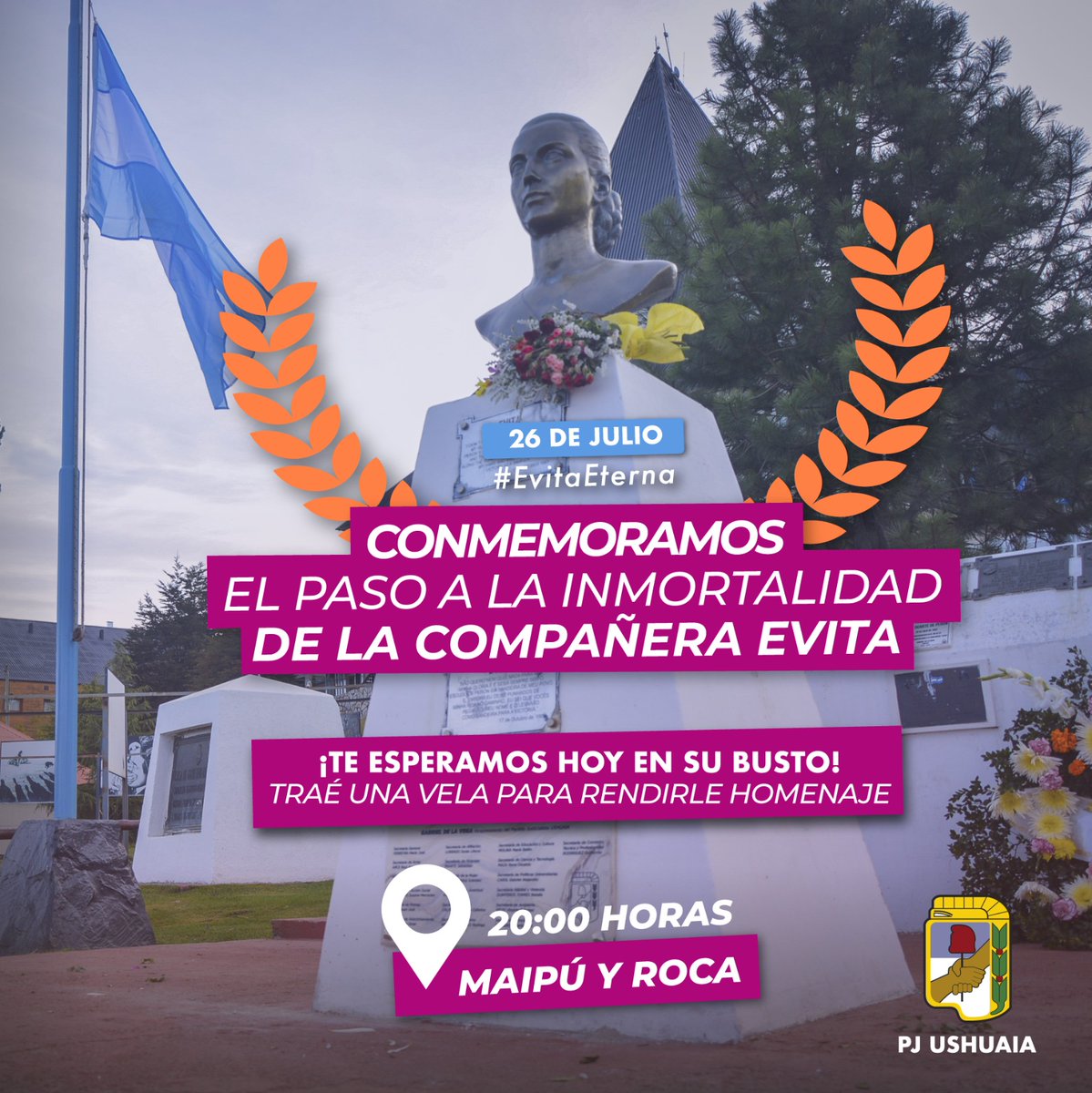 Compañeras y compañeros, hoy a las 20 horas nos juntamos en el busto de #Evita en Maipú y Roca para conmemorar el 71° aniversario de su paso a la inmortalidad. #EvitaEterna