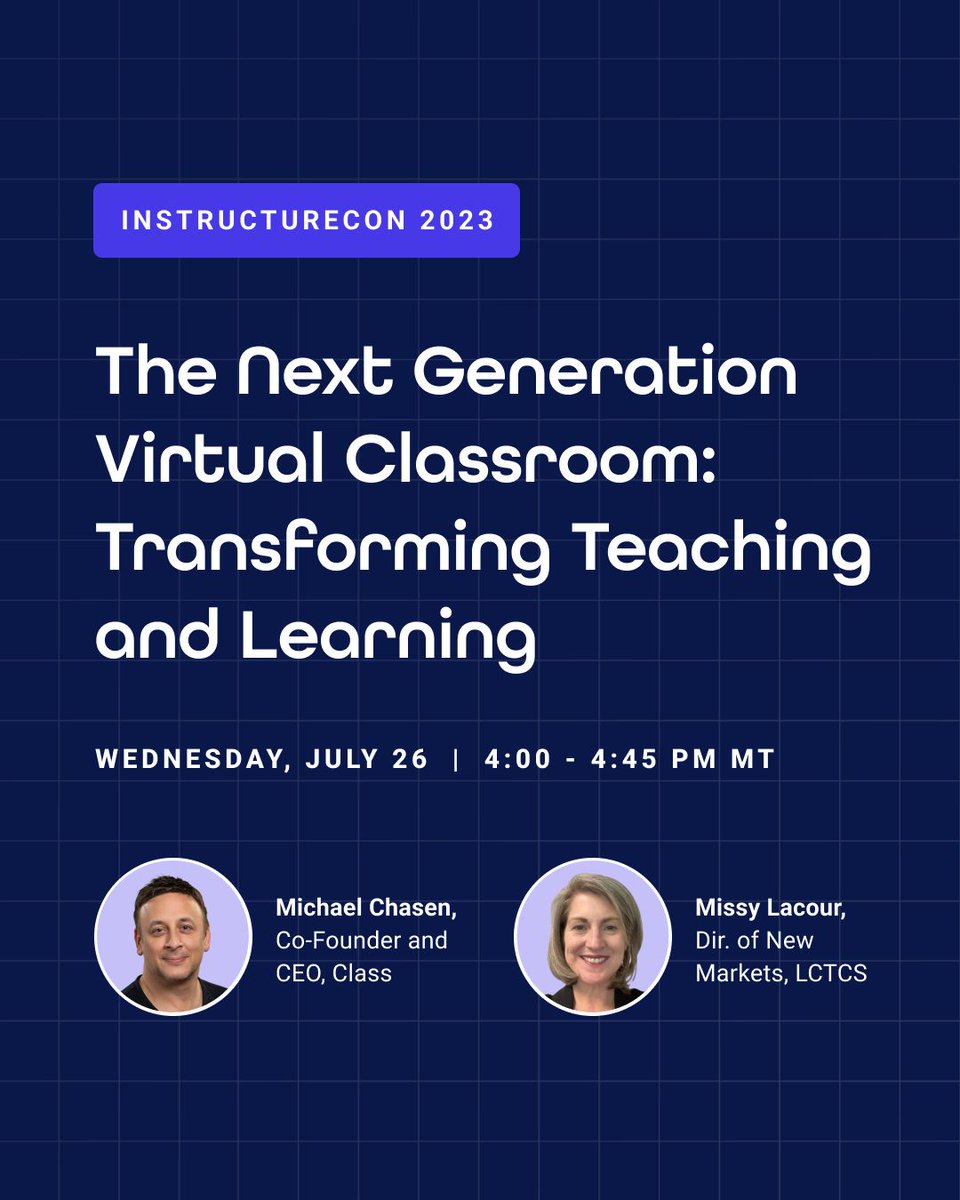 Are you at @Instructure's #INSTCon23? So are we! 📍 Stop by booth 63 to discover the next generation virtual classroom. 📣 Grab a seat at today's talk, 'The Next Generation Virtual Classroom: Transforming Teaching & Learning' w/ @michaelchasen (Class) & Missy LaCour (@golctcs).