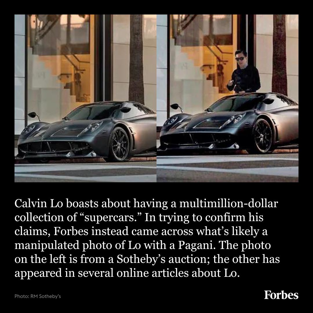 Forbes's tweet photo. For years, Calvin Lo has relentlessly pitched himself as a globetrotting billionaire-financier-cum-philanthropist with a world class collection of champagne, a fleet of exotic supercars and an F1 team. Great story—too bad it’s (mostly) fiction. https://t.co/NIVwrZw1Tp https://t.co/fsiD6fQWZ3