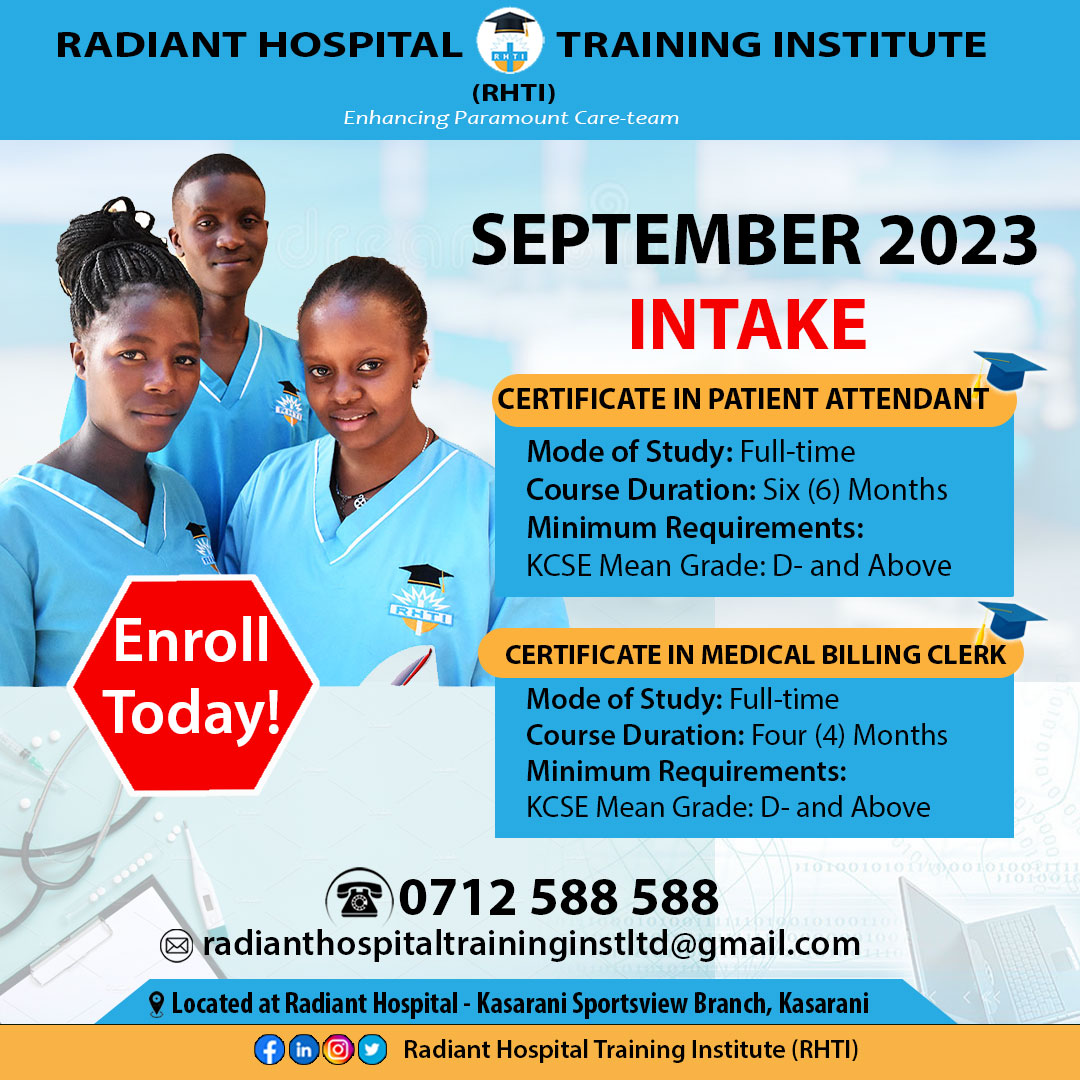 rhti_college's tweet photo. 𝗣𝘂𝗿𝘀𝘂𝗲 𝗮 𝗖𝗼𝘂𝗿𝘀𝗲 𝗶𝗻 𝗛𝗲𝗮𝗹𝘁𝗵𝗖𝗮𝗿𝗲…

Join @rgh_institute and Enroll for:
 📚 Cert. in Patient Attendant
 📚 Cert. in Medical Billing Clerk

𝗦𝗲𝗽𝘁𝗲𝗺𝗯𝗲𝗿 𝟮𝟬𝟮𝟯 𝗜𝗻𝘁𝗮𝗸𝗲 𝗰𝘂𝗿𝗿𝗲𝗻𝘁𝗹𝘆 𝗢𝗻𝗴𝗼𝗶𝗻𝗴!
 Admission Helpline: 0712588588
 #RHTI https://t.co/aeGhETJwAL