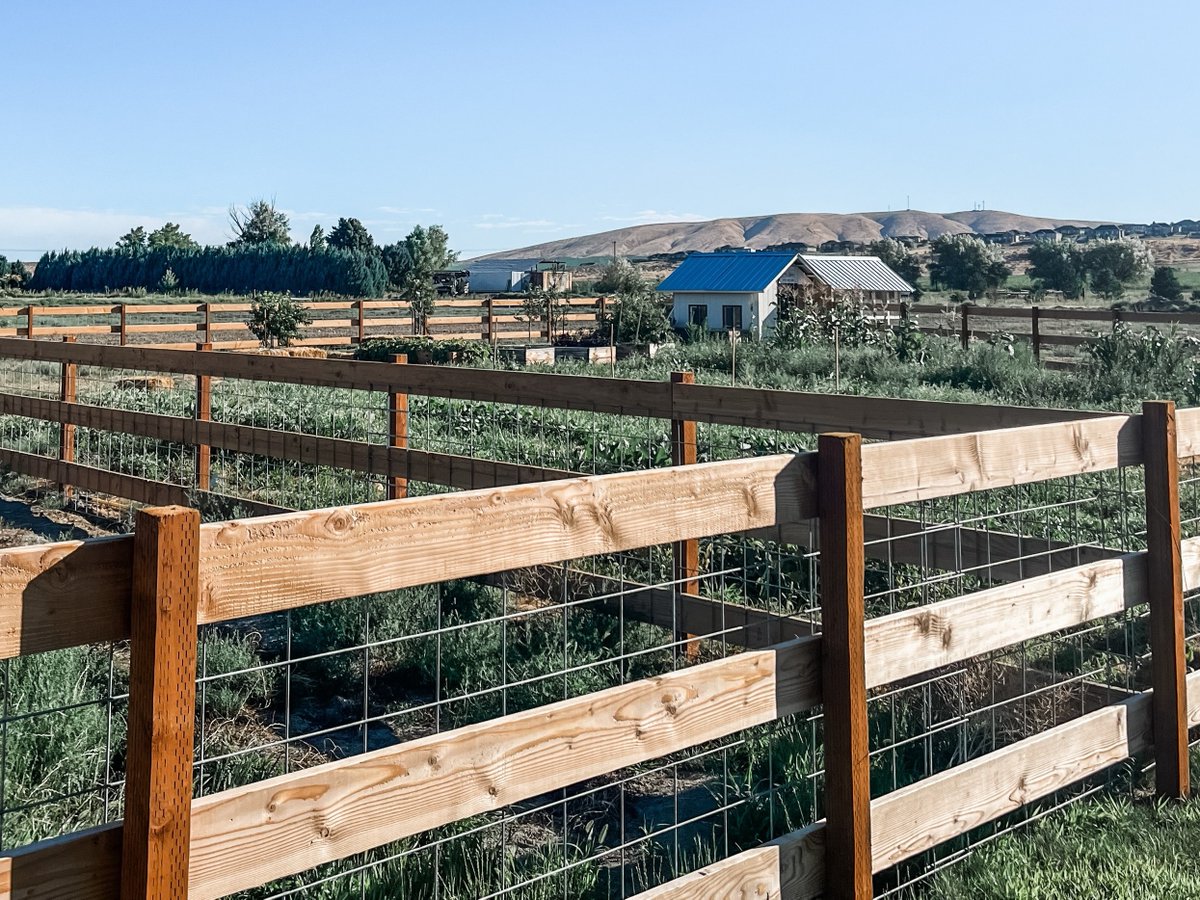 Custom lumber “farm fence” style with welded panels to protect the chickens.  Gate mounted to the concrete patio to enclose the backyard for the little ones.  Thank you Tri-Cities.