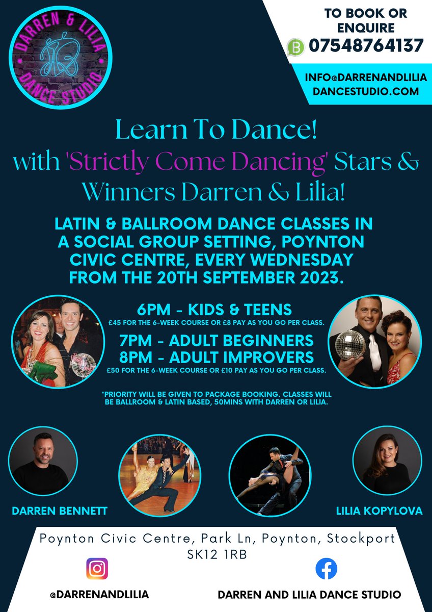 We are very excited to be hosting Ballroom &amp; Latin dance classes at Poynton Civic Centre from September 2023. The venue has a fantastic space for learning and a very large dance floor.  

The classes will be a mix of Ballroom &amp; Latin in a fun, relaxed, social dance setting.
