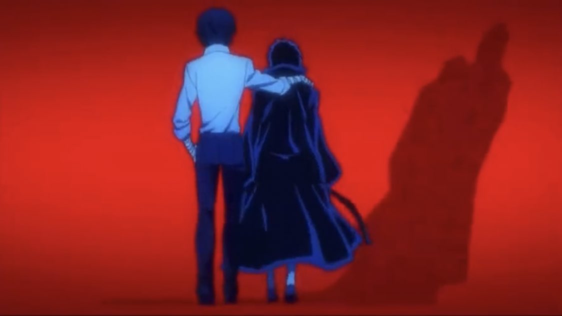 really like that dazais just wearing his plain white dress shirt for this shot. it really emphasizes how juvenile + young both of these two are. also the small height difference, as well as their shadows becoming merged *through* mori’s coat to symbolize the pm’s hold over them.