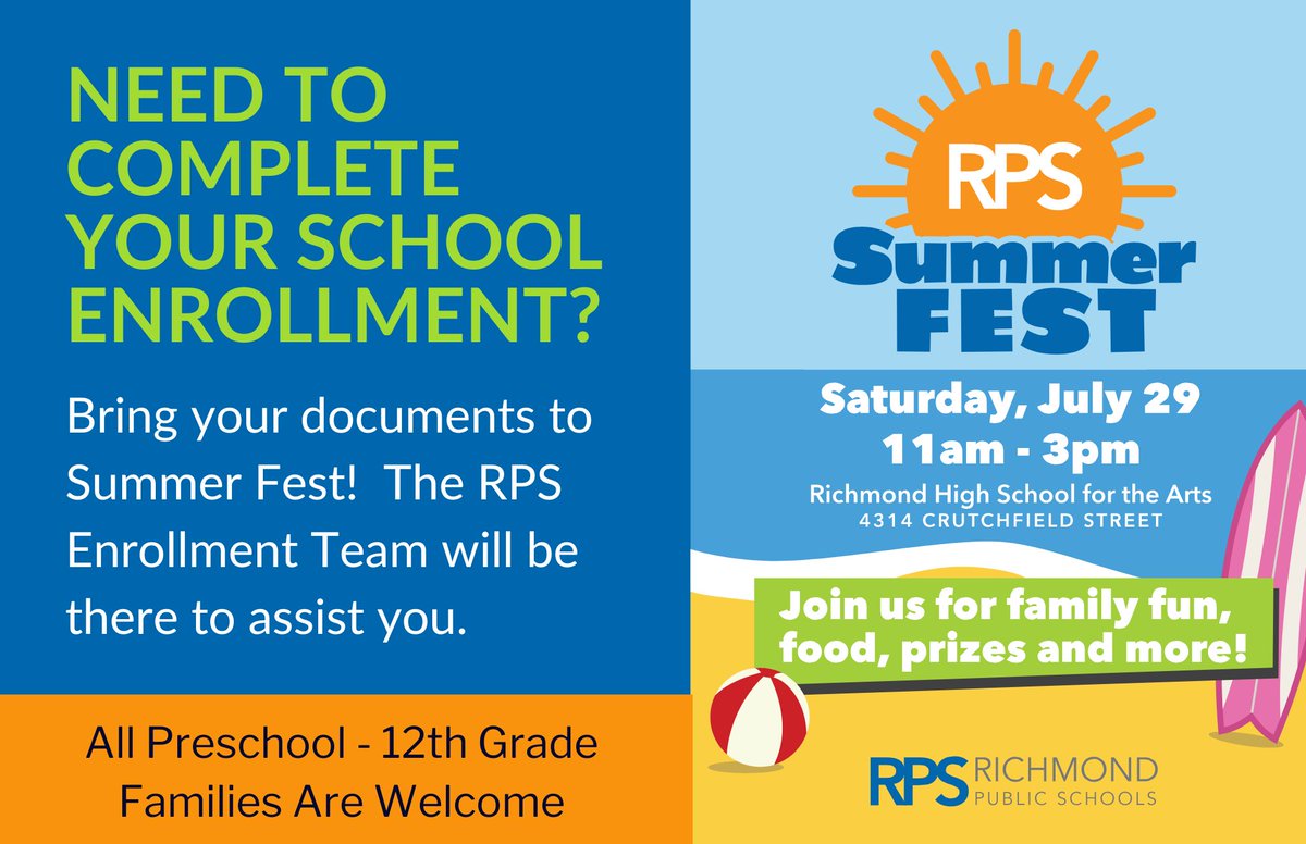 Do you need enrollment assistance? Have questions or need to submit documents? The RPS Enrollment team will be onsite at Summer Fest to provide assistance to families. Join us this Saturday from 11 am - 3 pm at Richmond High School for the Arts (formerly George Wythe)! #WeAreRPS