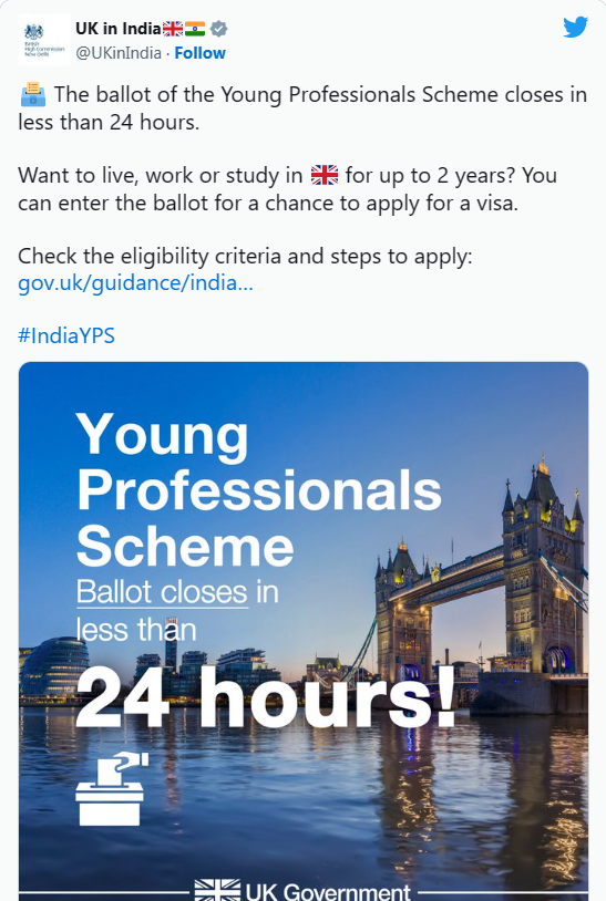 ब्रिटिश सरकार ने UK-India Young Professionals Scheme के तहत अपना दूसरा बैलेट खोला है। यह बैलेट पात्र युवा भारतीयों को दो साल तक ब्रिटेन में रहने, काम करने या अध्ययन करने का अवसर प्रदान करता है।

@UKinIndia @MEAIndia 
#IndiaYPS