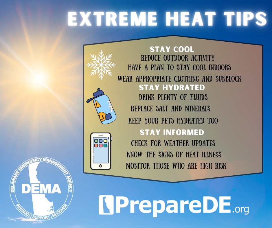 DelawareEMA's tweet photo. Hey friends! Make sure you stay hydrated, take regular breaks, wear light and loose clothing, use sunscreen, and avoid caffeine and alcohol. We do not mess around when it comes to safety. 🔥💦🧴 #PrepareDE #ExtremeHeatSafety #StaySafe https://t.co/ZctvRvw9Z0