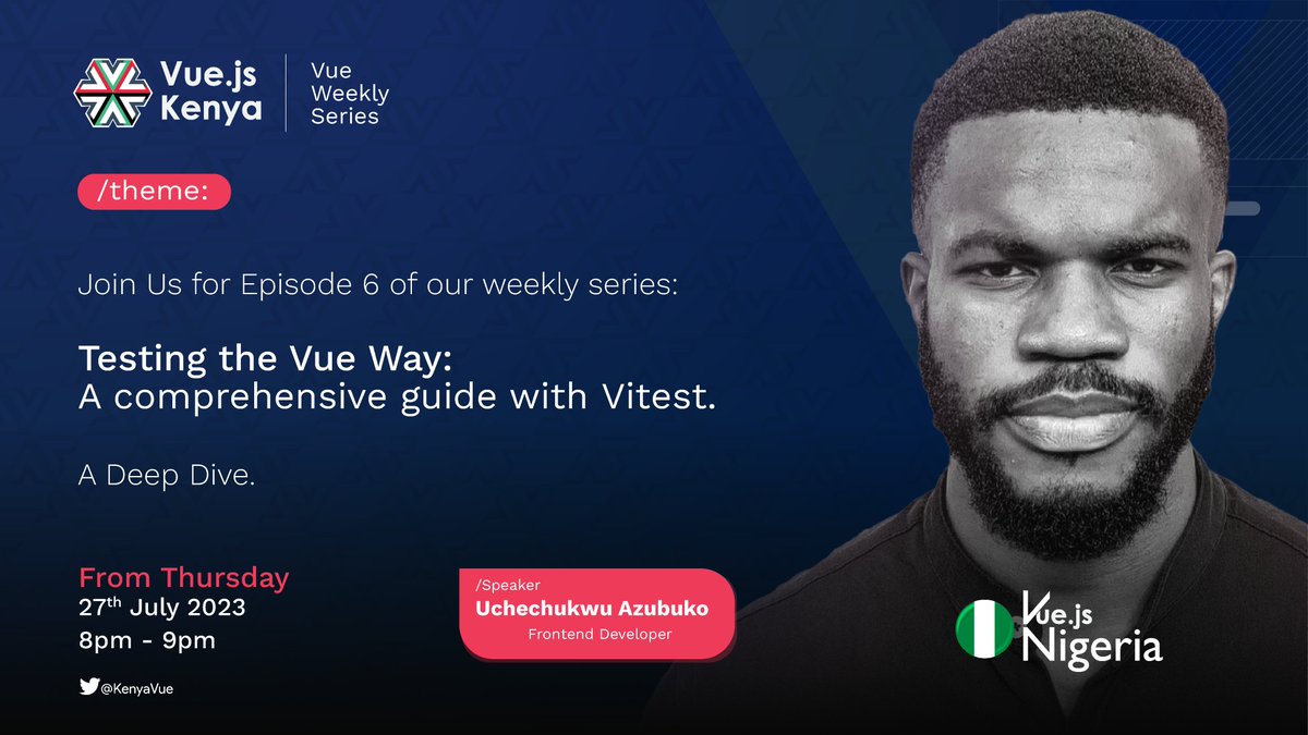 KenyaVue's tweet image. 🎉🎉🎉 Get ready for episode 6 of our #weeklyseries tomorrow, a collaborative effort between #vuejskenya &amp;amp; #vuejsnigeria! We&apos;ll delve deeply into the world of testing with our guest speaker, Uchechukwu Azubuko.

Make sure you don&apos;t miss out, RSVP here: shorturl.at/qyGTZ 📌