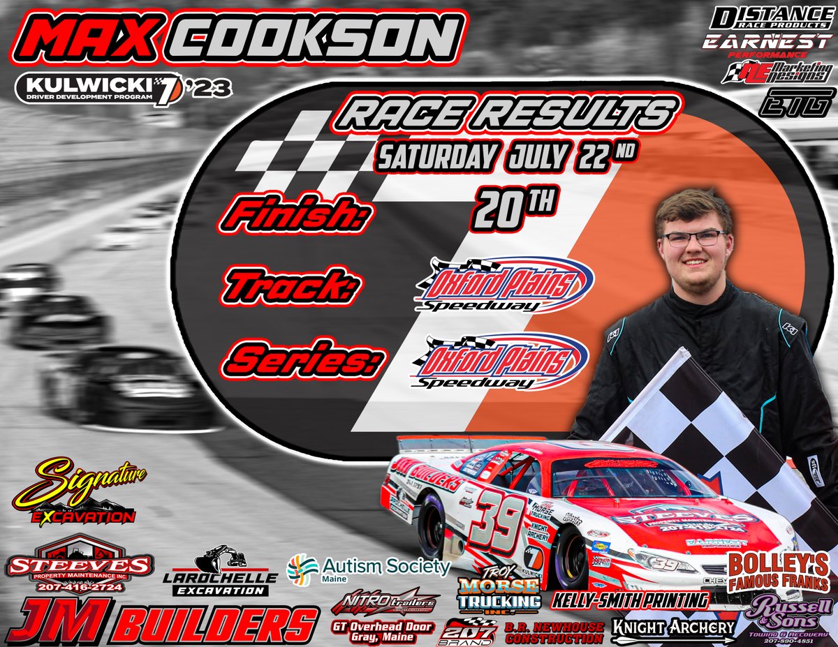 MaxJCookson's tweet photo. Tough race at #OxfordPlains for #MaxCookson and the #39 team - quick in practice and a heat win, but on-track incidents led to a P20 finish. We'll keep trucking, aiming to rebound at the $10K PASS Bay State Classic this weekend at Seekonk!

@KulwickiDDP 
#KDDP
#RacingForAlan https://t.co/aSbK6gaqvO