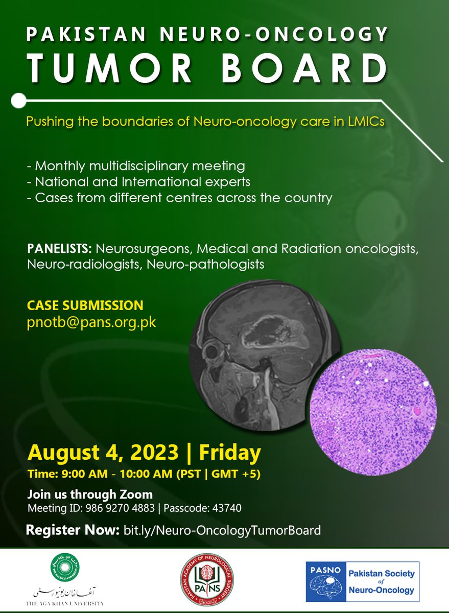 Pakistan Academy of Neurological Surgery (@official_pans) on Twitter photo Monthly Pakistan Neuro-Oncology Tumor Board starting on August 04, 2023. If you want to discuss your case, send it to pnotb@pans.org.pk
Register Now: lnkd.in/dekMcC_i
For details, visit: lnkd.in/d56pvnDC
<a href="/ahsankhan_neuro/">Ahsan Ali Khan</a> <a href="/AtherEnam/">Syed Ather Enam</a> <a href="/AKUGlobal/">Aga Khan University</a>
#MedTwitter Monthly Pakistan Neuro-Oncology Tumor Board starting on August 04, 2023. If you want to discuss your case, send it to pnotb@pans.org.pk
Register Now: lnkd.in/dekMcC_i
For details, visit: lnkd.in/d56pvnDC
<a href="/ahsankhan_neuro/">Ahsan Ali Khan</a> <a href="/AtherEnam/">Syed Ather Enam</a> <a href="/AKUGlobal/">Aga Khan University</a>
#MedTwitter