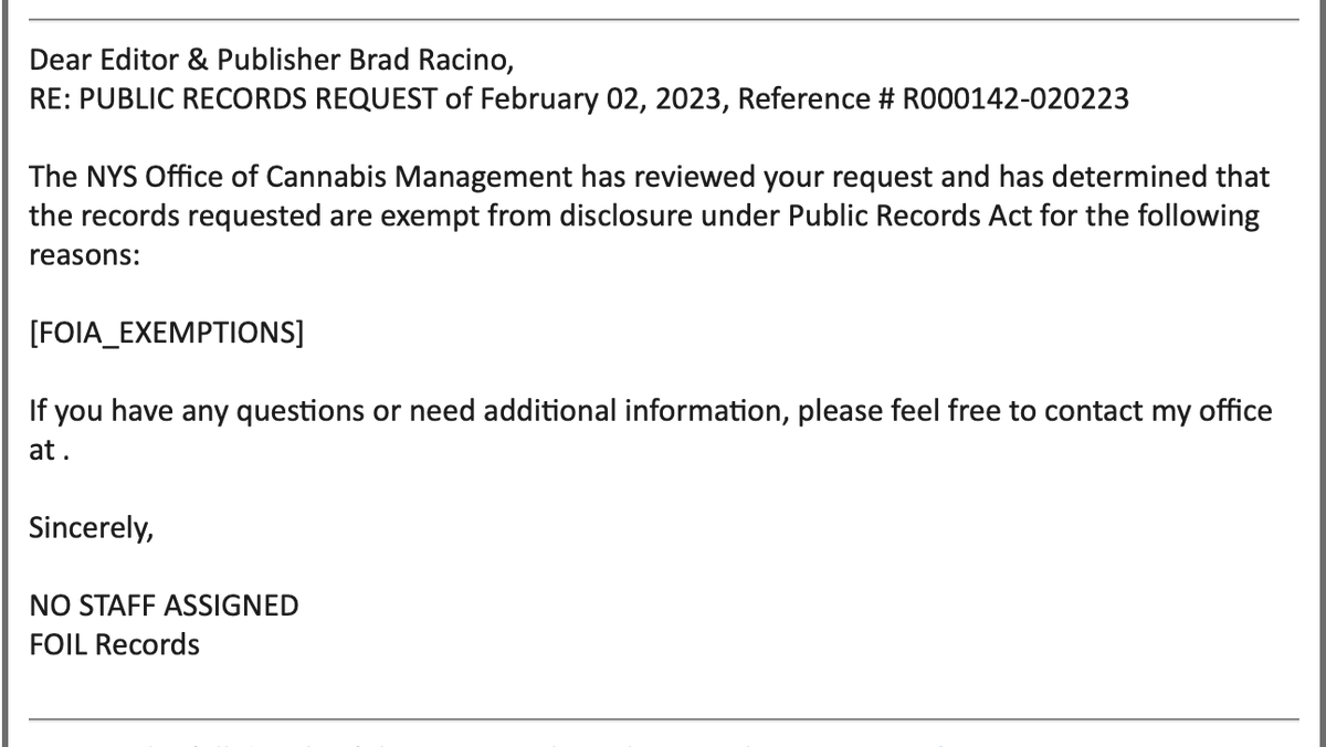 bradracino's tweet photo. Five months ago, I requested some pretty standard records from @nys_cannabis. They just denied my request. Here's their denial. Notice anything ... missing? 
😁
(Yes, I will be appealing) https://t.co/DudyihlJQD