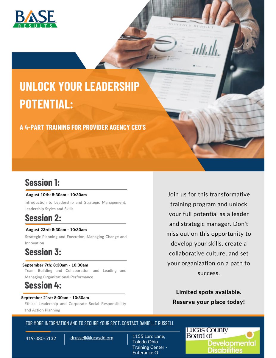 LucasDDBoard's tweet photo. FREE transformative training program to unlock your full potential as a leader. Develop skills that will set your organization on the path to success. 4-part training is 8:30-10:30 a.m. on 8/10, 8/23, 9/7, and 9/21. Space is limited! RSVP at 419-380-5132 or drussell@lucasdd.org. https://t.co/FMH8yP5TLf