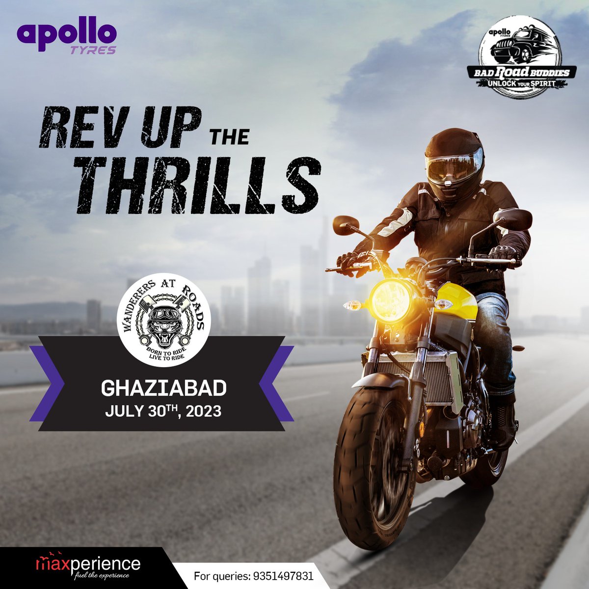 ApolloXSports's tweet photo. We invite all riding groups to join us on July 30 in Ghaziabad for the Apollo Tyres BRB Ride.

For more details, contact: 9351497831

@apollotyres 
@maxperience_in 

#Badroadbuddies #Apollotyres #GoTheDistance  #10Performance #brbrides https://t.co/dCYfTn7A4u