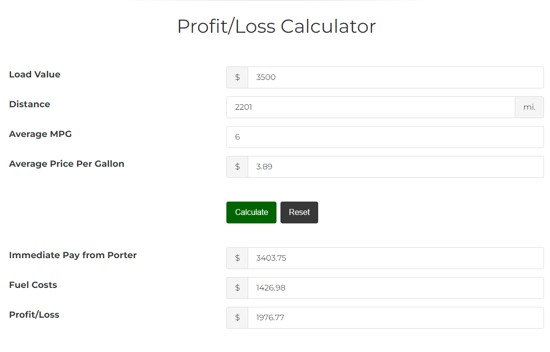 Porter_Freight's tweet photo. Check out our Profit/Loss Calculator! Every delivery comes with it's costs. Get an estimate of what you'll actually be making from a bid before you even accept it! ⚖️💱https://t.co/JiXDcN0ROh https://t.co/kO81jPalbH