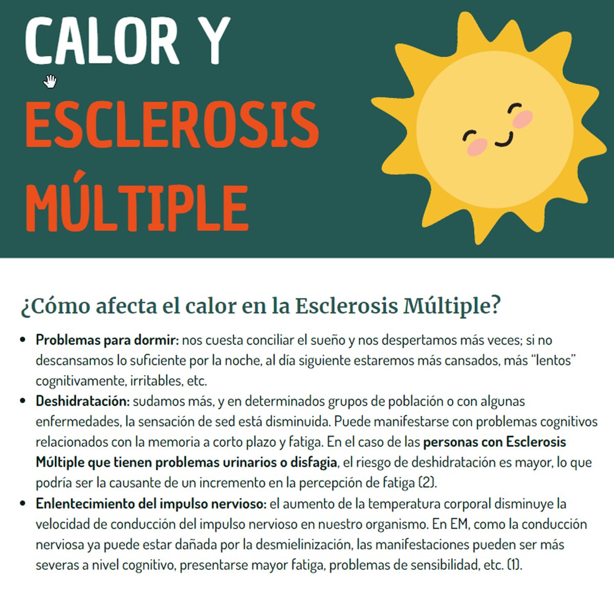 #Verano ➡ Vacaciones, viajes, ocio, actividades para desconectar de las preocupaciones diarias🌴

🌞Si tienes #EsclerosisMúltiple, ¿cómo afecta el #calor y qué opciones hay para gestionarlo?

Descúbrelo en  #EMforma
shorturl.at/ixGNX