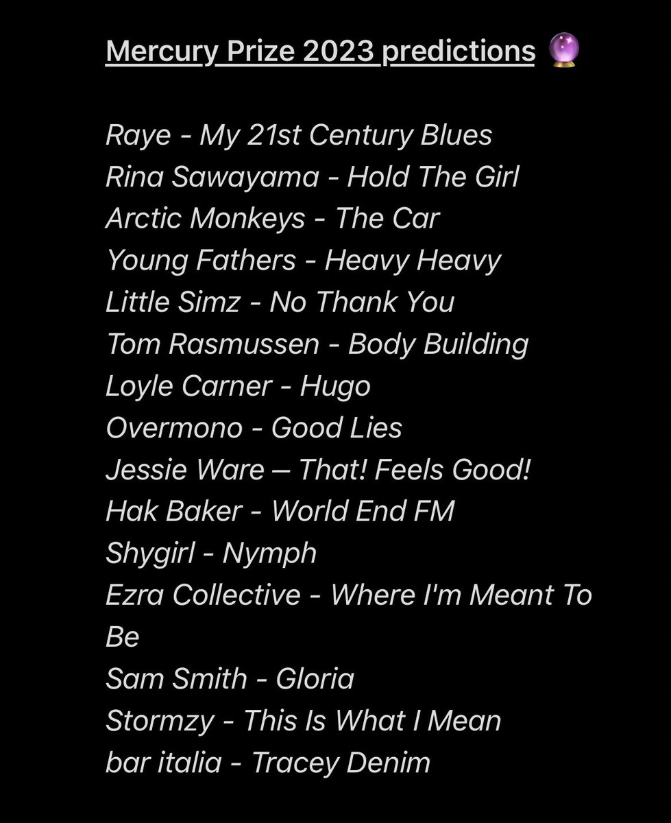 Right you lot, who’s your bets on for this year’s #MercuryPrize? 

Here’s my predictions… nominations announced tomorrow 👀