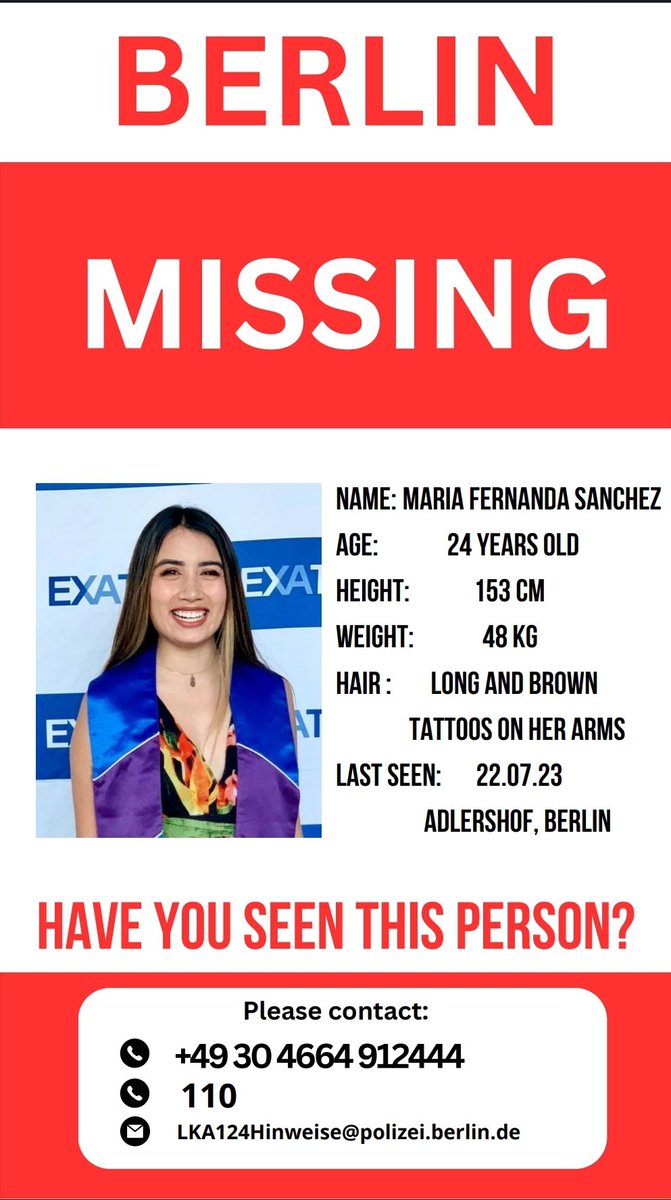 AilynMj's tweet photo. Mi prima sigue desaparecida en Berlín. Necesitamos de todos para que vuelva a casa.
#BringBackMaffy #MissingPerson #dublin
@SRE_mx @AlessandraRdlv @lopezdoriga @EmbaMexAle https://t.co/yJWTxrkQ3d