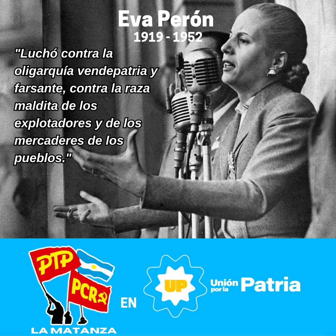 PTP_LaMatanza's tweet photo. "#EvaPerón luchó contra la oligarquía vendepatria y farsante, contra la raza maldita de los explotadores y de los mercaderes de los pueblos."
PTP / PCR La Matanza en #UnionPorLaPatria

#Evita #EvitaEterna #AbanderadaDeLosHumildes #patrialibrejustaysoberana #derrotaraladerecha https://t.co/yHiUPkp6uS