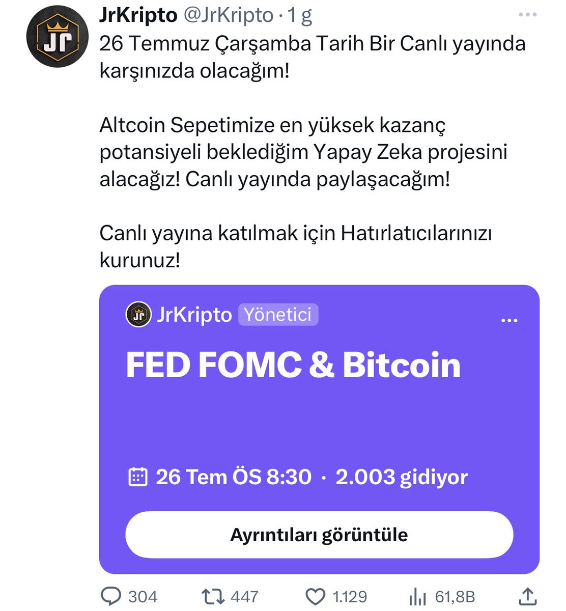 JrKripto's tweet photo. HAZIR MISINIZ?

Bugün 20:30’da yapacağım FED özel canlı yayınıma şimdiden 2000 kişi yerini ayırtıp rezervasyon yaptırmış! 

Bugün Rekor katılımlı bir canlı yayın olacak! Eşinize, dostunuzu kim varsa davet ediniz! Bu tarihe canlı yayının kaydı ve tekrarı yoktur! 

Kripto Türkiye’nin en organik sayfası burası! 

Haydi JrKripto Ailesi yoklama alalım herkese gücümüzü gösterelim kimler burada?

Canlı yayında açıklayacağım yeni Yıldız yapay zeka projesini kimler bekliyor?