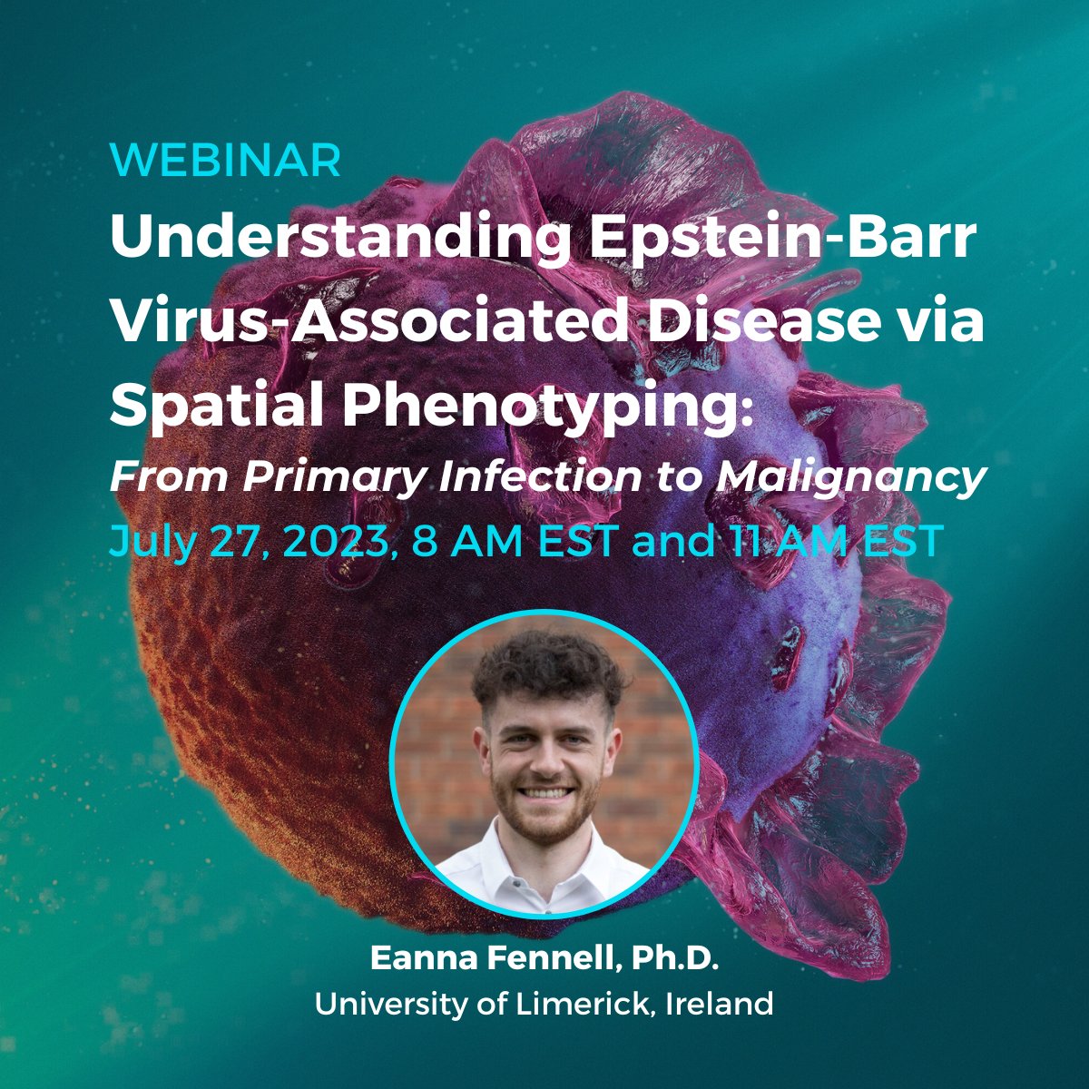 📢 Don't forget to tune in tomorrow, July 27th, to hear @EannaFennell of @UL address how #spatialphenotyping is uniquely suited to outline one of the putative causative relationships between #epsteinbarrvirus infections, immunosuppression, and cancer. bit.ly/3O8BhJ1