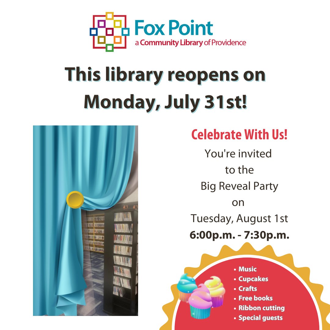 9librariespvd's tweet photo. Big news! #foxpoint Library will reopen on Monday, July 31 at 9:30am and resume its scheduled hours. The interior has been completely renovated and looks amazing! Everyone is invited to our Big Reveal celebration on August 1 - join us! #PVD @BGCPVD @pvdcitycouncil @CityofProv https://t.co/BVDC70L537