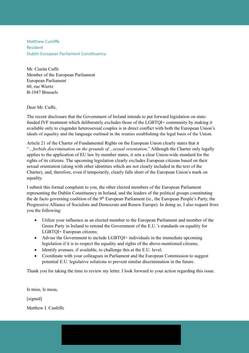 The Irish govt’s decision to draft legislation on #IVF treatment which deliberately excludes #LGBTQI+ families is horrendous and discriminatory. It violates not only #Ireland’s standard of equality, but the #EU’s. I have submitted the following letter to my MEP’s. 🇪🇺🇮🇪🏳️‍🌈