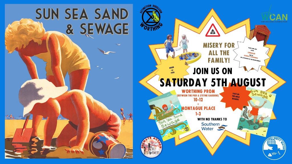 XRWorthing's tweet image. Fed up of Dirty Water? Our next action will be taking place:

➡️ Sat 5th Aug, 10am-12pm, Worthing prom between the pier &amp;amp; Steyne Gardens 

➡️ We will then be out in Montague Place 1-3pm. Come join us! Everyone is welcome.

#CutTheCrap #DirtyWater #Worthing