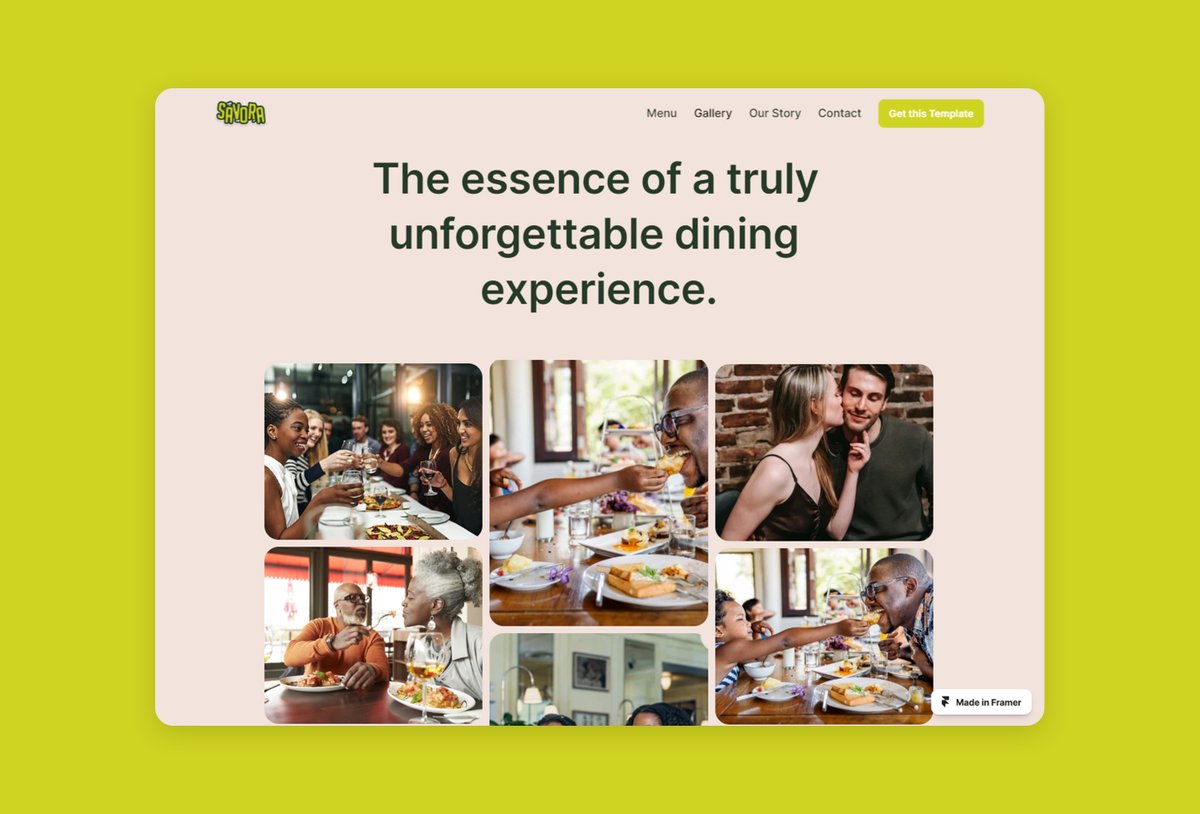 creating_mann's tweet image. Unveiling Savora - my first @framer Restaurant Template!
Feature:
A captivating homepage
An enticing menu page
A gallery page to showcase your culinary masterpieces
An engaging Our Story page, and
A user-friendly Contact page.
Link: savora.framer.website
#webdesign #framer