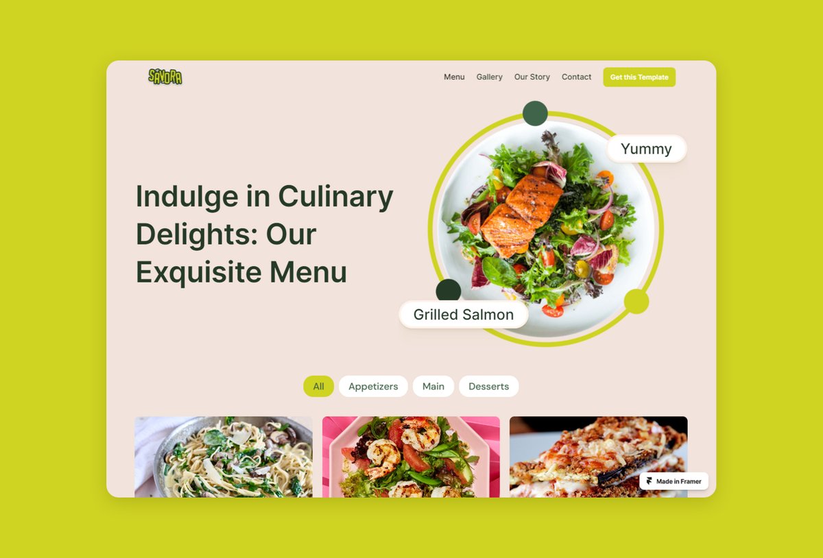 creating_mann's tweet image. Unveiling Savora - my first @framer Restaurant Template!
Feature:
A captivating homepage
An enticing menu page
A gallery page to showcase your culinary masterpieces
An engaging Our Story page, and
A user-friendly Contact page.
Link: savora.framer.website
#webdesign #framer