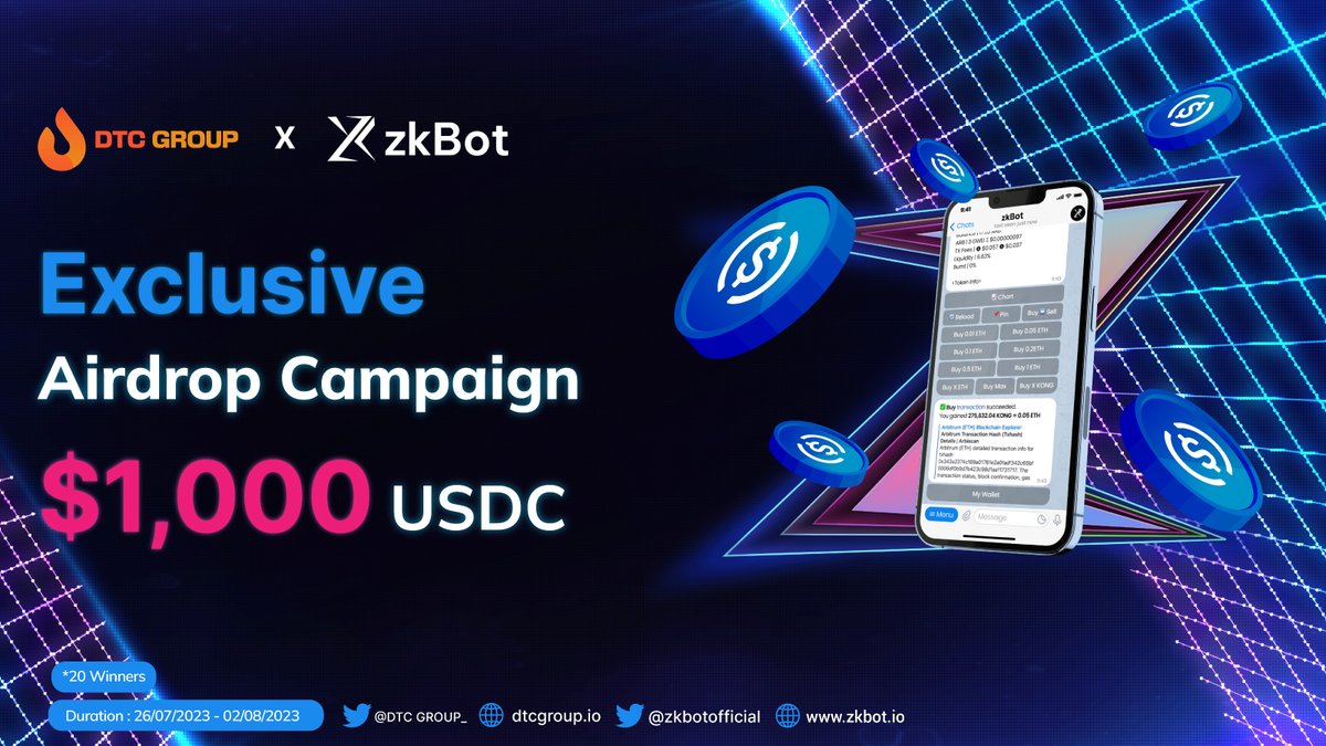 <a href="/DTCGroup_/">DTC Group</a>  x <a href="/zkbotofficial/">zkbot</a>  Exclusive Airdrop Campaign

$ZKBOT is the next-generation trading bot on Ethereum and soon, to be on zkSync. And it comes with automated Profit-Flex feature!

🏆We are giving away $1000 USDC distributed to 20 winners

1) Follow <a href="/zkbotofficial/">zkbot</a> &amp; Join