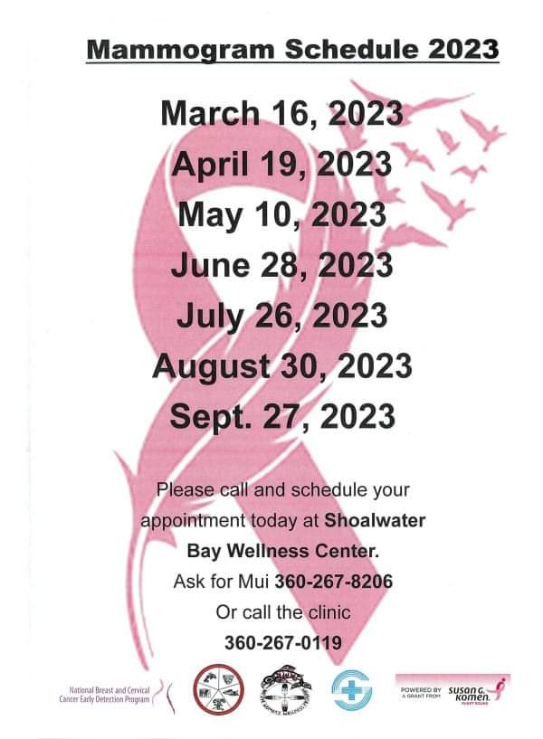 Our next mammogram check up day is scheduled for today! You can screen for breast cancer by scheduling an appointment with Mui at 360-267-8206 or our Wellness Center main line at 360-267-0119.