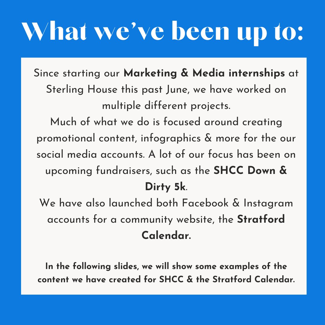 SCSU_CMS's tweet photo. To start off our internship, we launched the Stratford Calendar: a website for the town of Stratford to have a one-way stop to local events in the town. We learned how to create brand standards, posting policies, and other platforms on scheduling post while using analytics. https://t.co/MBH8kstLOh