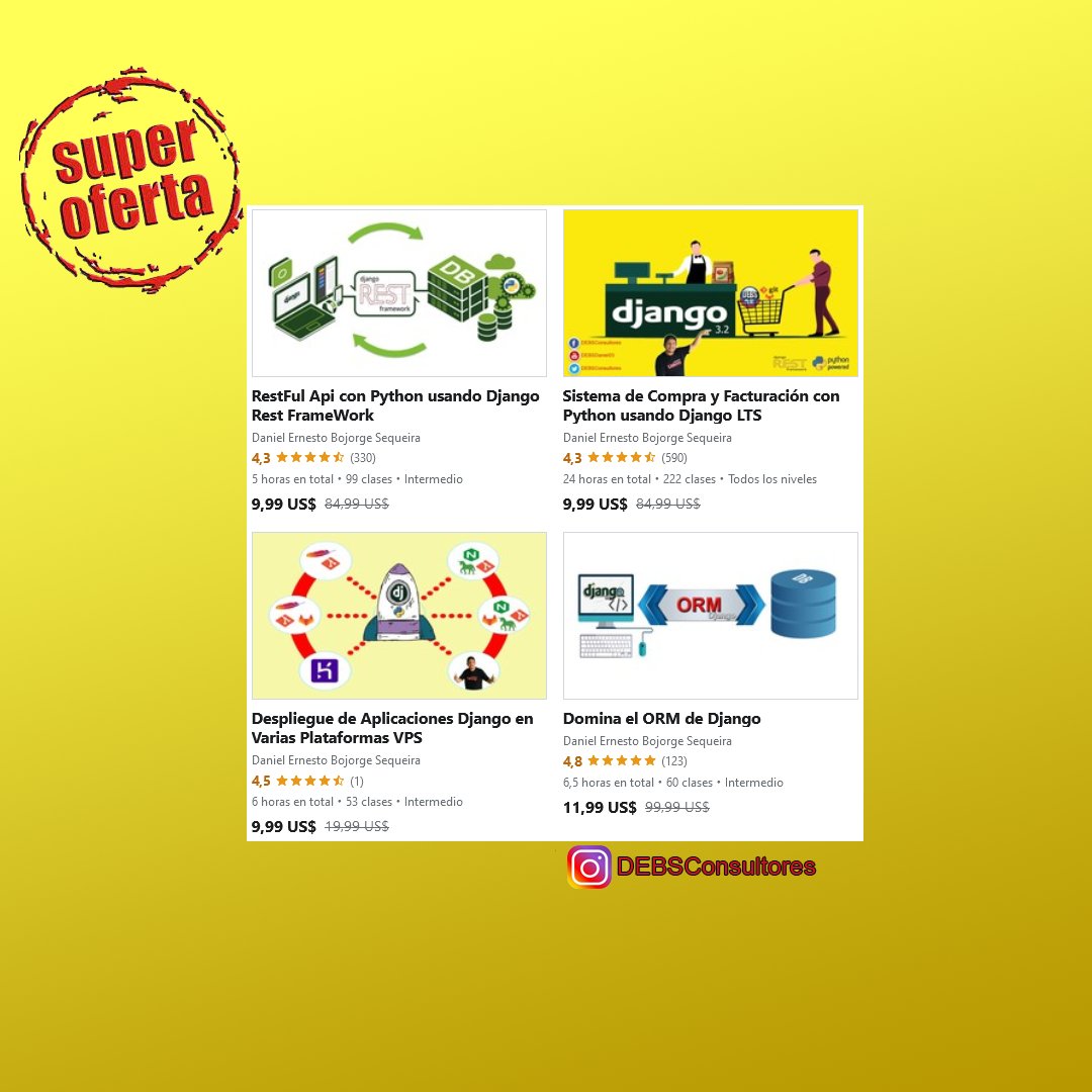 DEBSConsultores's tweet image. 💥 ¡Aprende #Desarrollo #Web en @Udemy!

🚀 Adquiere nuevas habilidades con cursos top al PRECIO MÁS BAJO. 🌟🎁 #Desarrollo #Udemy #CursosGratis #django #python #jQuery #js #deploy

¡Inscríbete ya! 👉 lnkd.in/ennbe9ty 👈 #OfertaLimitada #AprendizajeOnline #CódigoDescuento