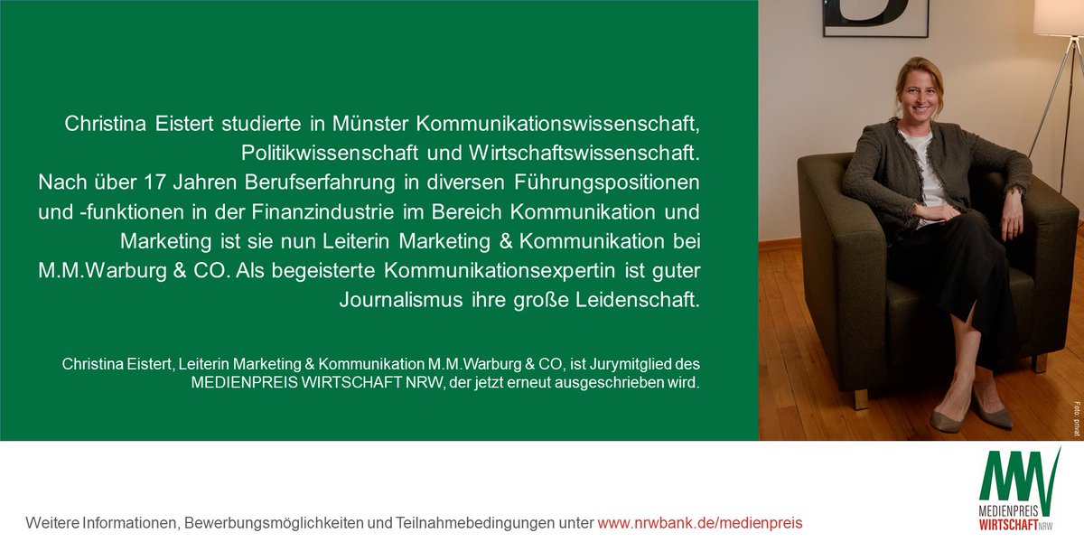 Medienpreis-Wirtschaft-NRW (@medienpreisnrw) on Twitter photo Die nächste Person unserer #Jury stellt sich vor: <a href="/CEistert/">Christina Eistert</a>, Leiterin Marketing & Kommunikation bei M. M. Warburg & CO, ist von Beginn an als Jurymitglied beim #MedienpreisWirtschaftNRW dabei. Alle Informationen zum Preis finden Sie hier. 👉 nrwbank.de/medienpreis Die nächste Person unserer #Jury stellt sich vor: <a href="/CEistert/">Christina Eistert</a>, Leiterin Marketing & Kommunikation bei M. M. Warburg & CO, ist von Beginn an als Jurymitglied beim #MedienpreisWirtschaftNRW dabei. Alle Informationen zum Preis finden Sie hier. 👉 nrwbank.de/medienpreis