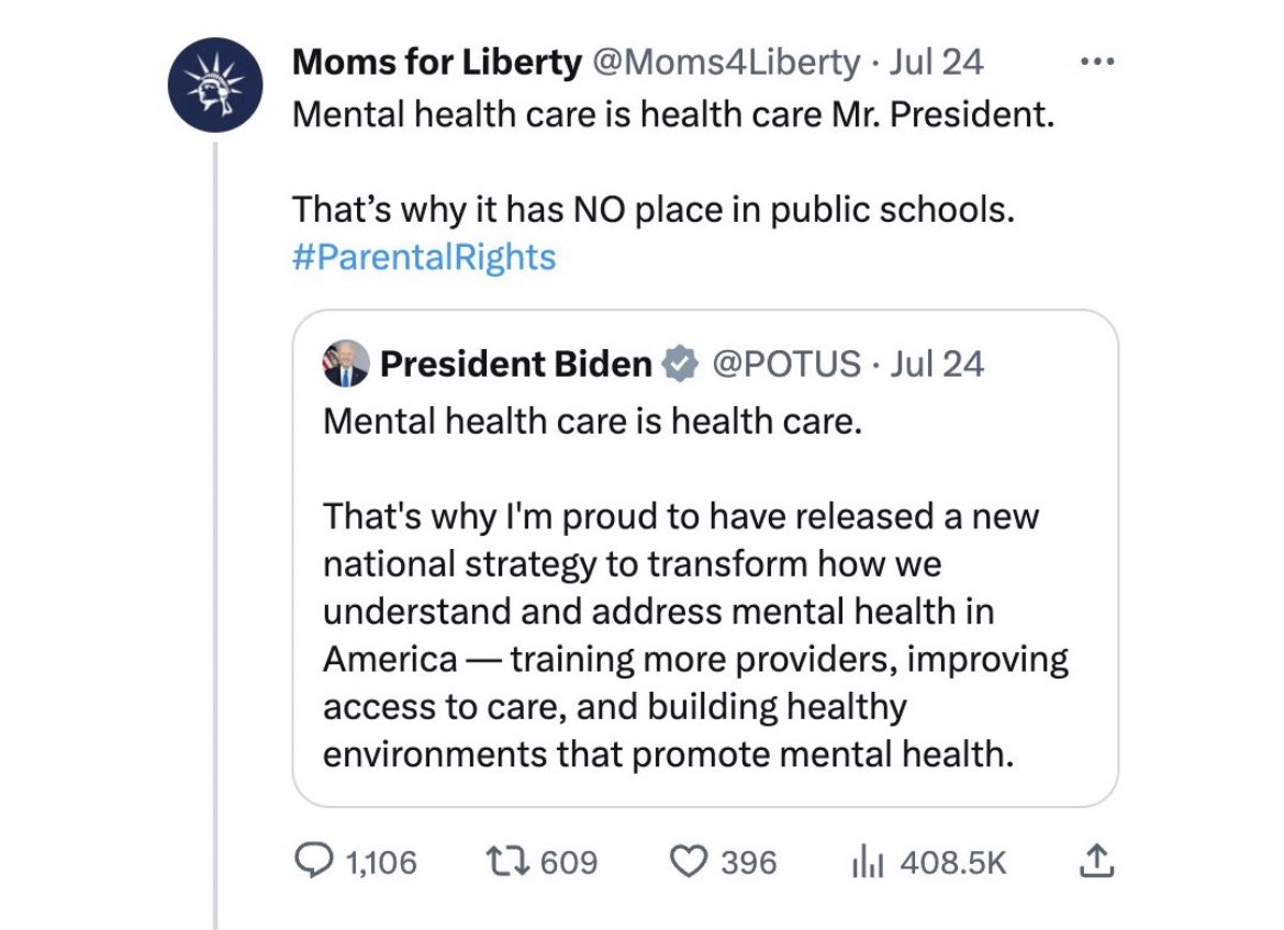 The same party that blames school shootings on mental health now doesn’t want mental health in schools. But they are more than happy to let a 19 year old with a history of mental illness buy an AR-15 because “freedom”