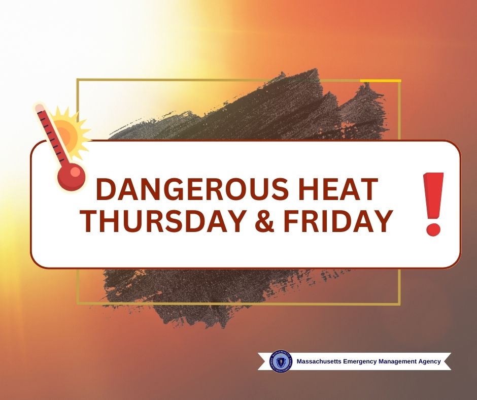🌡️ Heat Advisory 🌡️
<a href="/NWSBoston/">NWS Boston</a> has issued a Heat Advisory for Thursday &amp; Friday. ☀️

Extreme heat is expected throughout most of MA, so be prepared by taking measures to stay cool and prevent heat-related illness. 🧊

Heat safety tips: mass.gov/info-details/e…