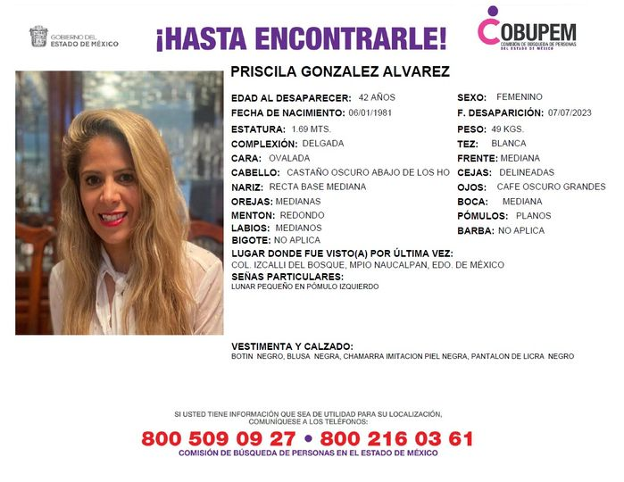 Solicitamos de tu apoyo en difusión para dar pronta localización a Priscila González Álvarez, comunícate a los teléfonos de COBUPEM 800 216 0361, 800 509 0927.
