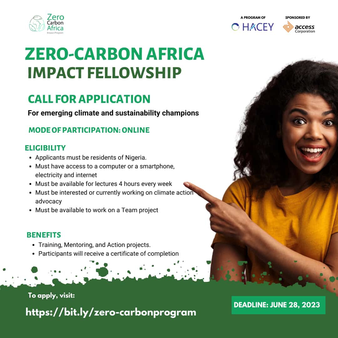 I'm a FELLOW of Zero Carbon Africa. A Climate and Sustainability Champion!.
I feel so honoured.
#ClimateChampion #ZeroCarbon 
#ClimateJusticeFellow
hacey.org
@MyZeroCarbon
@HACEYHealth 
@myaccessbank 
@UN @UNEP @UNFCCC @UNBiodiversity @UNDPClimate @_AfricanUnion