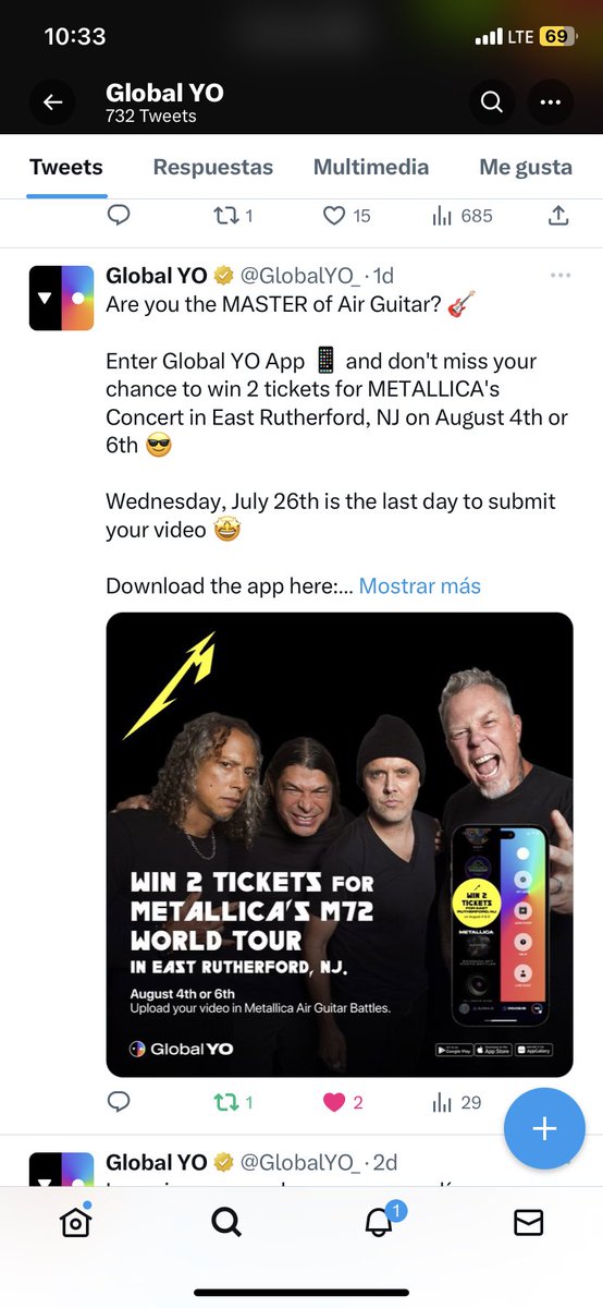 rockoranch's tweet photo. @ticketelhamster Querido Hámster. En Global Yo están regalando boletos para cada uno de los conciertos de la gira M72 de Metallica. Lo único que tiene que hacer es subir un video en la app, demostrando sus dotes haciendo Air Guitar. ¿Creen que nos podrían ayudar con un RT? https://t.co/YFnuymllNz