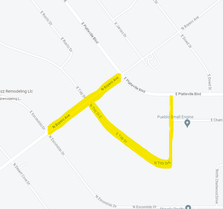 Due to a broken gas line, North Boyero Ave. from E. Platteville Blvd. to N. Escondido Dr. will be closed for an extended period today. PWFD crews are on scene and the gas company is working to repair the line. Please avoid the area and find alternate routes.
