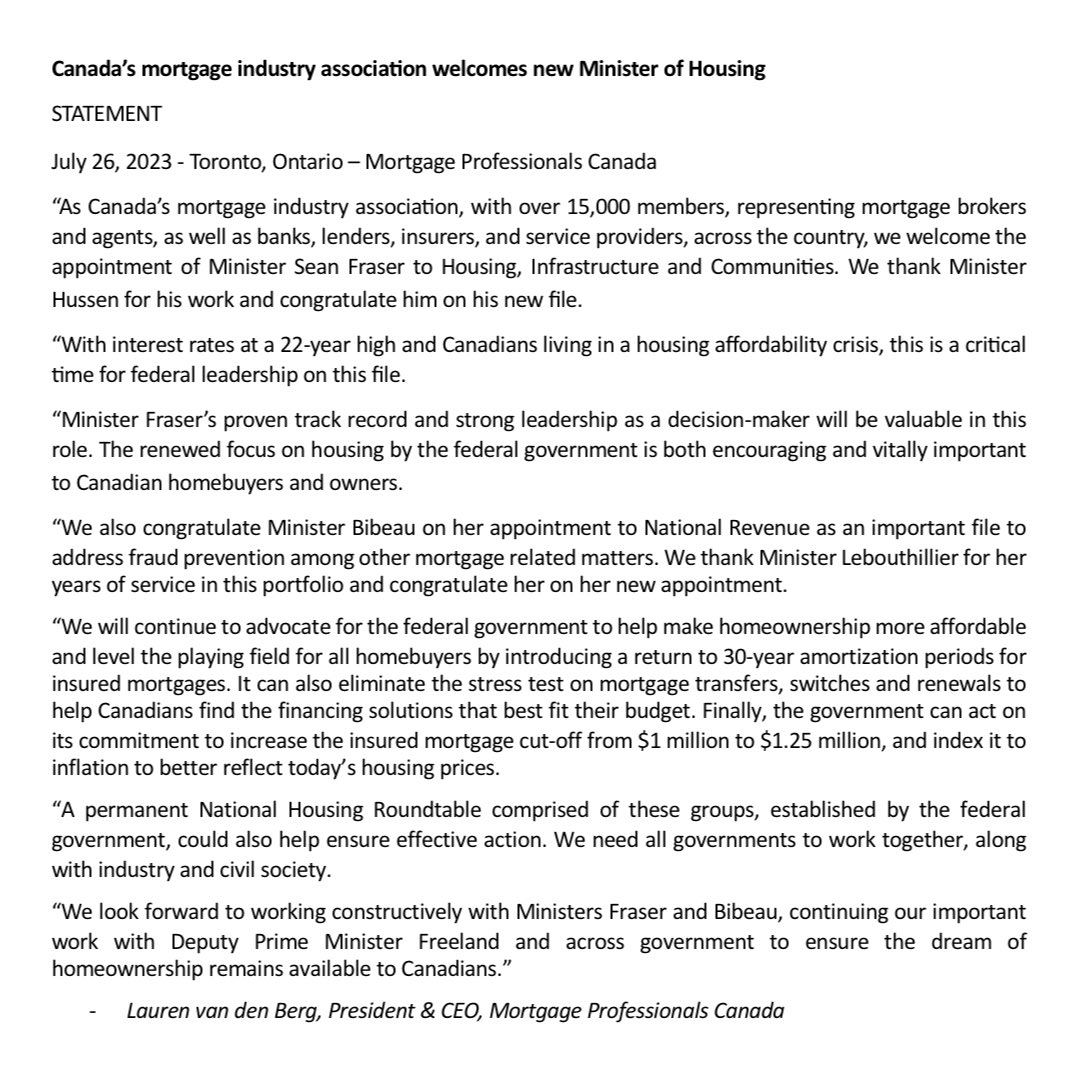 We welcome the appointment of Minister <a href="/SeanFraserMP/">Sean Fraser</a> to Housing, Infrastructure and Communities. 

This is a critical time for federal leadership on housing affordability. 

Statement from our President &amp; CEO <a href="/LaurenAvdB/">Lauren van den Berg</a> on today’s cabinet shuffle⬇️