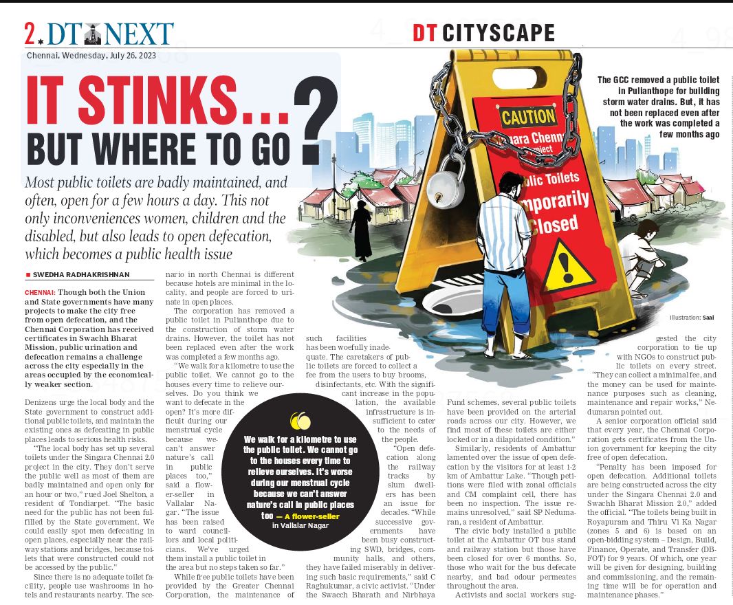 Most #publictoilets are badly maintained, and often open for a few hours a day. This not only inconveniences people, but also leads to #opendefecation. It remains a challenge across the city especially in the areas occupied by the economically weaker section @chennaicorp