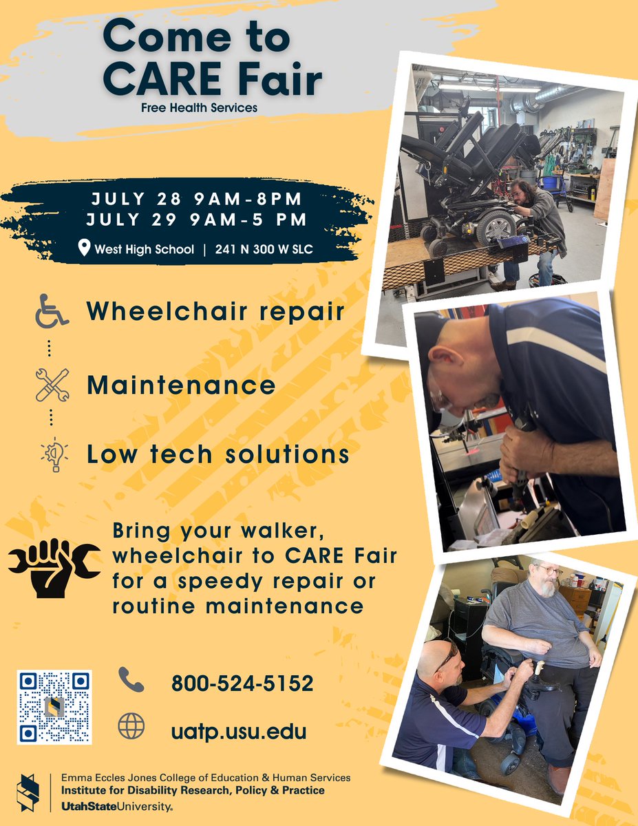Come visit CARE Fair at West High in #SLC on Friday &amp; Saturday (July 28, 29) this week for help with wheelchair repair, maintenance, and other low tech assistive technology solutions! #assistivetechnology #disability #utah #DisabilityTwitter #DisabilityPrideMonth