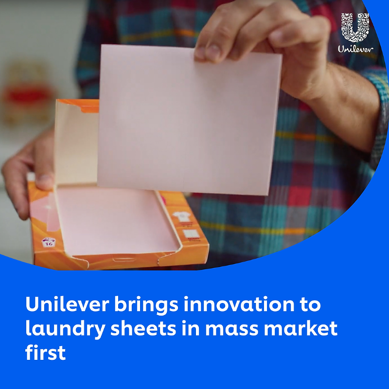 Unilever's tweet photo. Unilever brings laundry sheets to the mass market for the first time. 

Read about the fragrance technology we’ve added to this ultra-convenient, sustainable format. 

#OurCleanFuture 
#UnileverInnovation