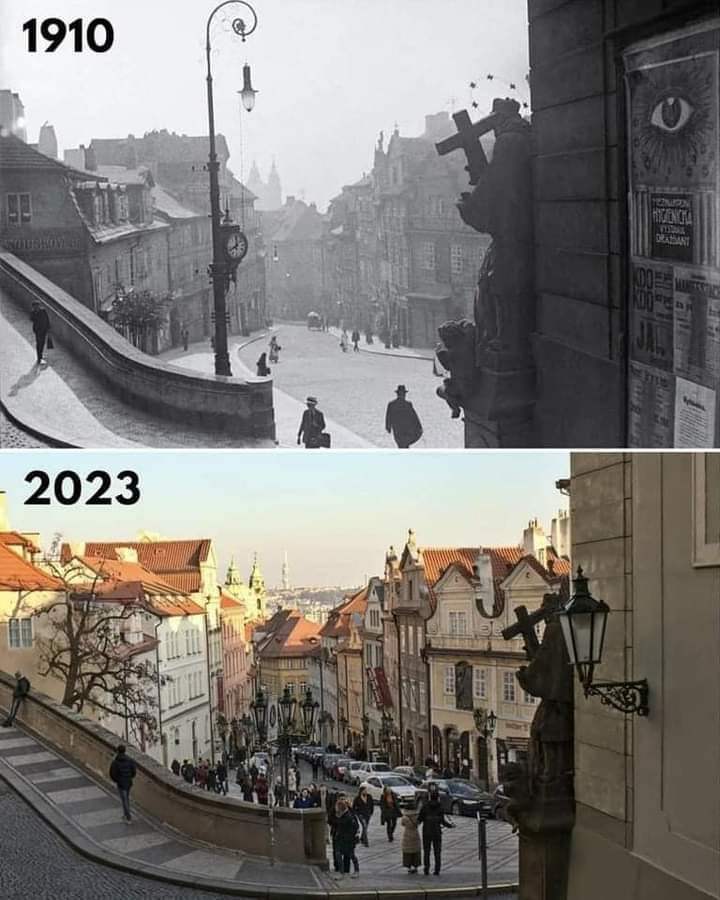 Prague, Czech Republic in 1910 and 2023.