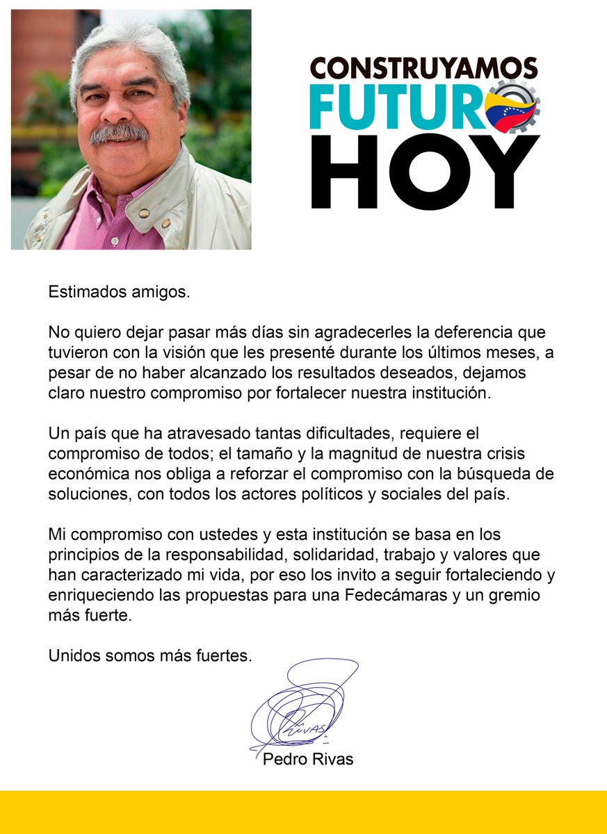 pedrorivasi's tweet photo. Mi compromiso se basa en los principios de la responsabilidad, solidaridad, trabajo y valores que han caracterizado mi vida, por eso los invito a seguir fortaleciendo y enriqueciendo las propuestas para una Fedecámaras y un gremio más fuerte.
Unidos somos más fuertes
PedroRivas https://t.co/2y9XGYeqWG